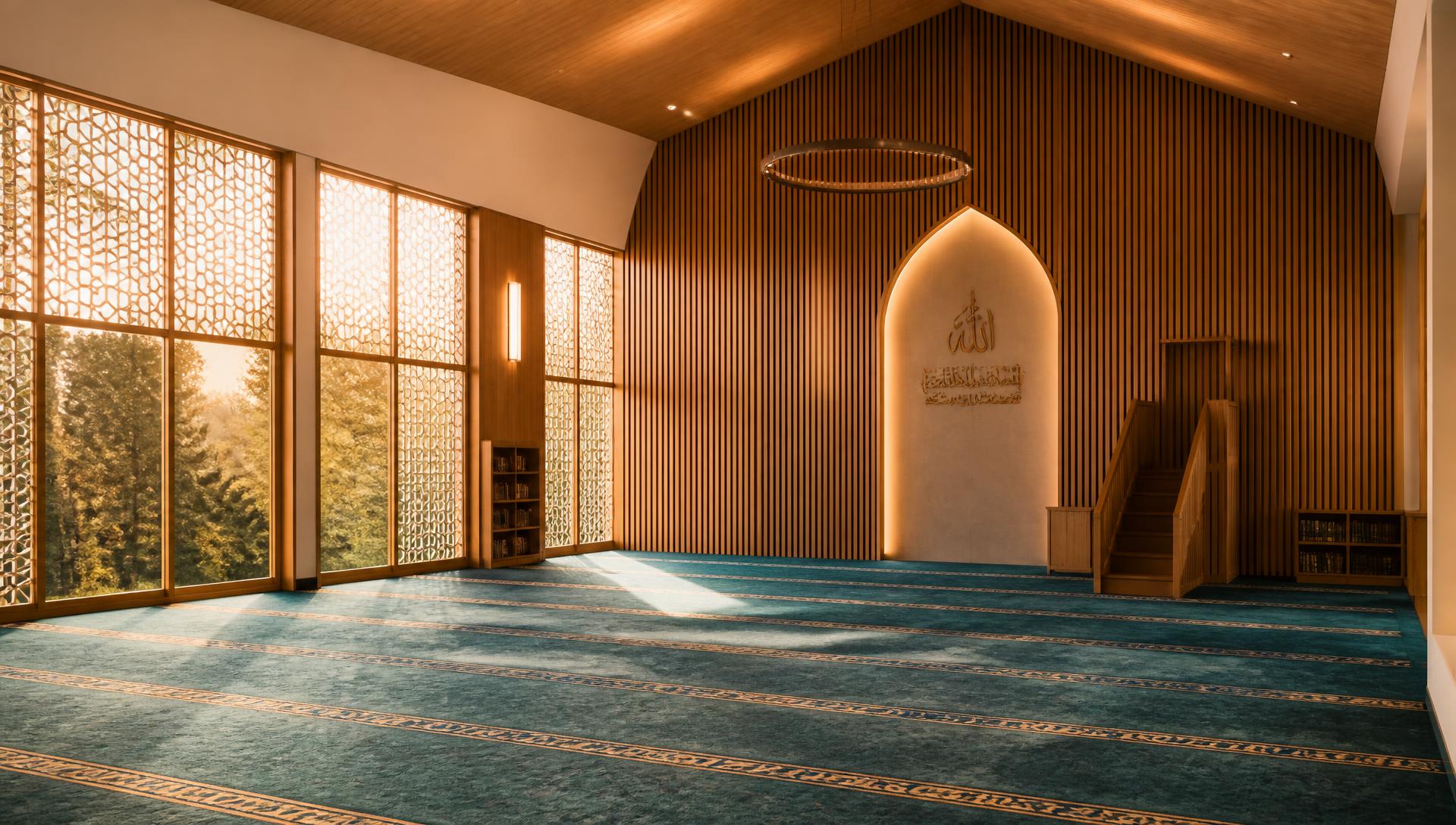 Sunlit prayer hall of Masjid As-Salaam with cedar walls and teal carpet